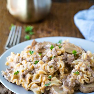 Instant Pot Ground Beef Stroganoff on a light blue plate