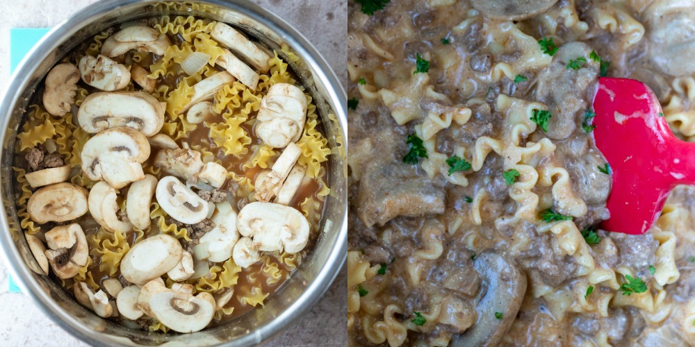 Uncooked noodles and mushrooms in an instant pot inner pot