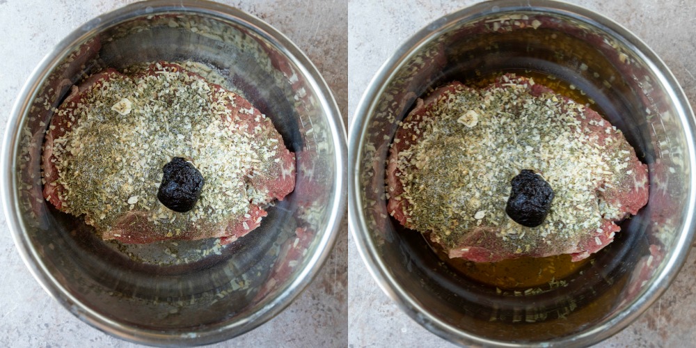 Chuck roast topped with spices in an instant pot inner pot