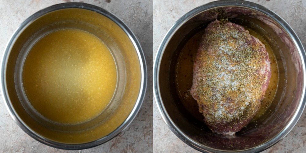 Uncooked pork in an instant pot inner pot.