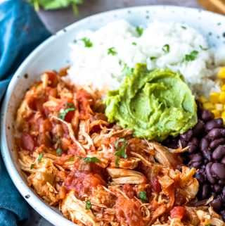 Salsa chicken and rice in a burrito bowl with beans and corn