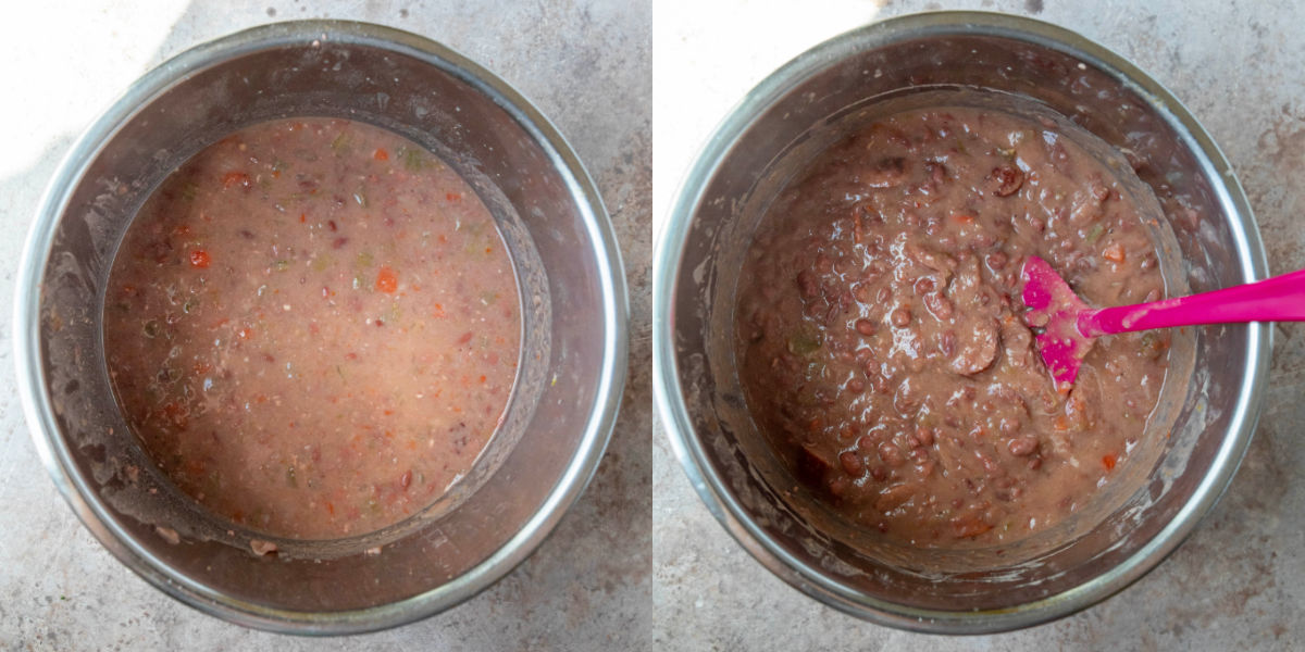 Spoon stirring red beans in an instant pot inner pot