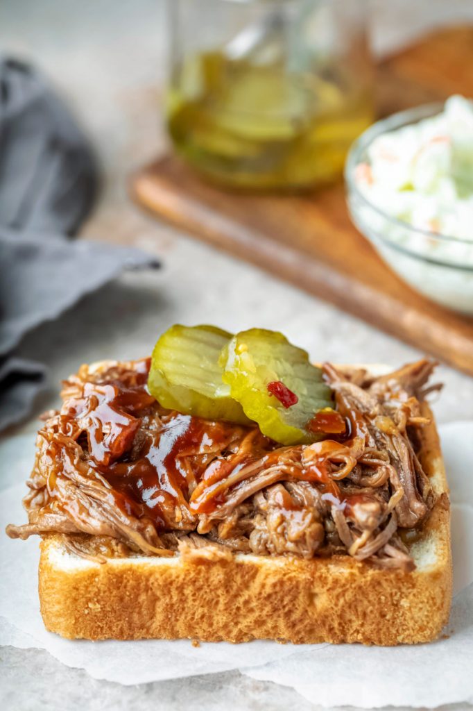 Barbecue brisket on a piece of Texas toast.