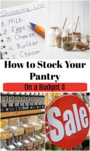 Collage pin with words that say how to stock your pantry on a budget.