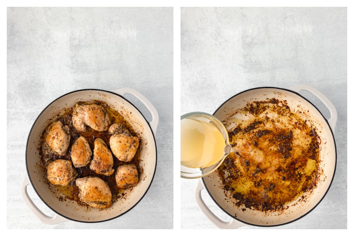Chicken thighs browning in a pot next to broth pouring into the empty pot.