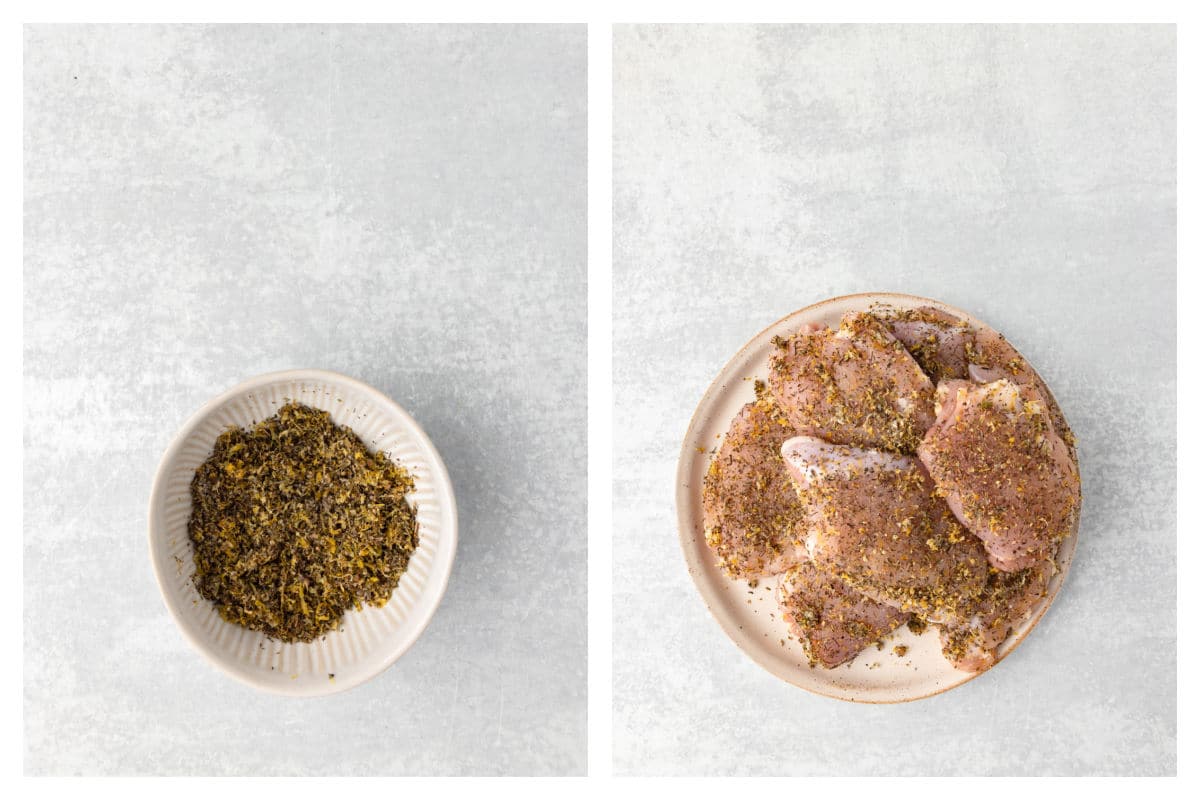 Herbs and garlic in a dish next to herb mix rubbed on chicken thighs.