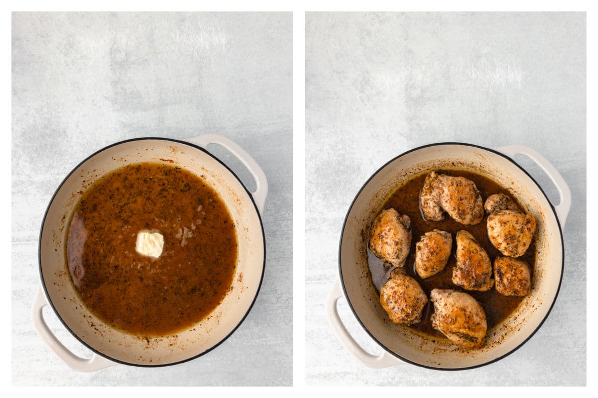 A pat of butter on lemon herb sauce next to chicken thighs in the sauce.
